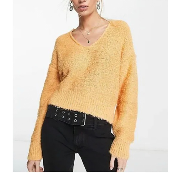 Free People Theo V-Neck Dropped-Shoulder Sweater in Orange - Picture 1 of 3